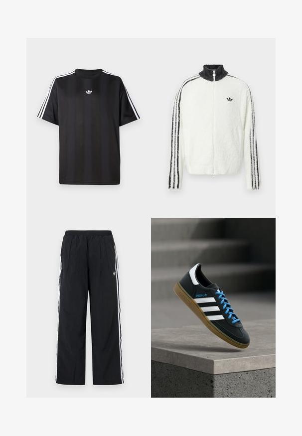 Furry lynlåsjakke i hvid med høj krave, sort Adidas-logo og sorte striber langs ærmerne. Blød tekstur og afslappet pasform.; Sort t-shirt med korte ærmer, hvide tre-stribede design på skuldrene og en lille hvid logo på brystet. Fremstillet af letvægtsstof.; Sorte bukser med vide ben og hvide striber på siden, elastisk talje, forreste læg og Adidas-logo på højre lår.; Sort Adidas sneaker med hvide striber, blå snørebånd og gummisål, der svæver over gråt betontrin i blødt lys.