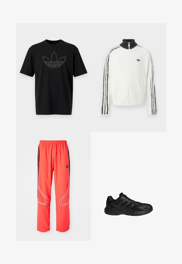 Flauschige weiße Zip-Jacke mit hohem Kragen, schwarzem Adidas-Logo und schwarzen Streifen an den Ärmeln. Weicher Stoff und entspannte Passform.; Schwarzes Baumwoll-T-Shirt mit einem großen, umrissenen Adidas-Logo aus reflektierendem Material auf der Vorderseite. Mit kurzen Ärmeln.; Rote Sporthosen mit lockerer Passform, elastischem Bund, schwarzen seitlichen Streifen und weißen Paspelierungen entlang der Beine. Adidas-Logo auf der Hüfte.; Schwarzer Sportschuh mit Mesh- und synthetischem Obermaterial, gepolsterter Sohle mit der Bezeichnung "Cloudfoam" und Schnürverschluss, im Seitenprofil gezeigt.