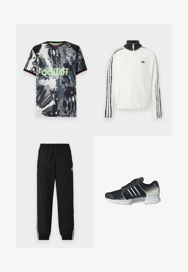 Chaqueta de felpa con cremallera en blanco, con cuello alto, logo de Adidas en negro y rayas negras a lo largo de las mangas. Textura suave y corte relajado.; Camiseta deportiva de manga corta y cuello redondo con un estampado abstracto en negro, blanco y gris; presenta un logo "adiTUFF" en verde neón y acentos en rosa.; Pantalones deportivos negros con cintura elástica y puños fruncidos. Presentan franjas blancas a los lados y un pequeño logo en la parte frontal izquierda.; Zapatilla deportiva negra y gris con suela blanca, parte superior de malla, rayas laterales y cierre con cordones, vista desde el lado exterior sobre un fondo blanco.