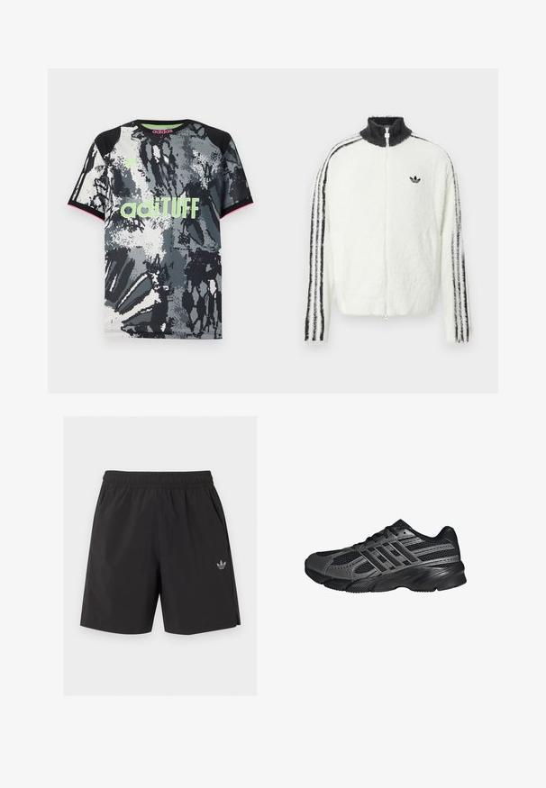 Flauschige weiße Zip-Jacke mit hohem Kragen, schwarzem Adidas-Logo und schwarzen Streifen an den Ärmeln. Weicher Stoff und entspannte Passform.; Kurzärmliges Sportshirt mit Rundhalsausschnitt in einem schwarzen, weißen und grauen abstrakten Muster; ausgestattet mit einem neonpinken "adiTUFF"-Logo und pinken Akzenten.; Schwarze elastische Sportshorts mit seitlichen Taschen und kleinem Adidas-Logo am linken Bein.; Schwarze Sportschuhe aus Netz- und synthetischem Material, mit einer strukturierten Oberfläche, mehreren grauen Streifen und einem gepolsterten Schaft.