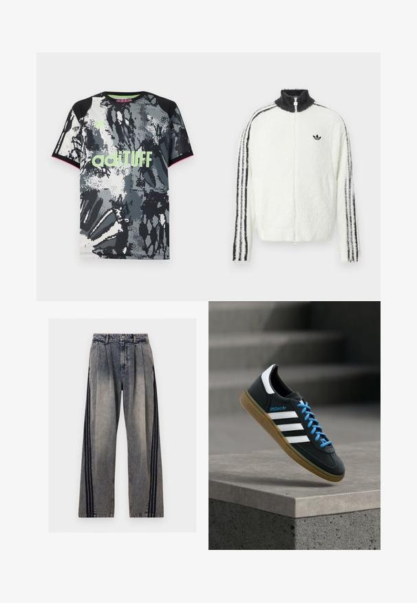 Fluffy zip-up jas in het wit met een hoge kraag, zwart Adidas-logo en zwarte strepen langs de mouwen. Zachte textuur en een ontspannen pasvorm.; Korte mouwen, ronde hals sportshirt met een zwart-wit-grijze abstracte print; voorzien van een neon groene "adiTUFF" logo en roze accenten.; High waist vervaagde grijze denim jeans met plooien en zwarte verticale strepen langs de buitenkant van elk been.; Zwarte Adidas-sneaker met witte strepen, blauwe veters en een gumzool die boven een grijze betonnen trede zweeft in zacht licht.
