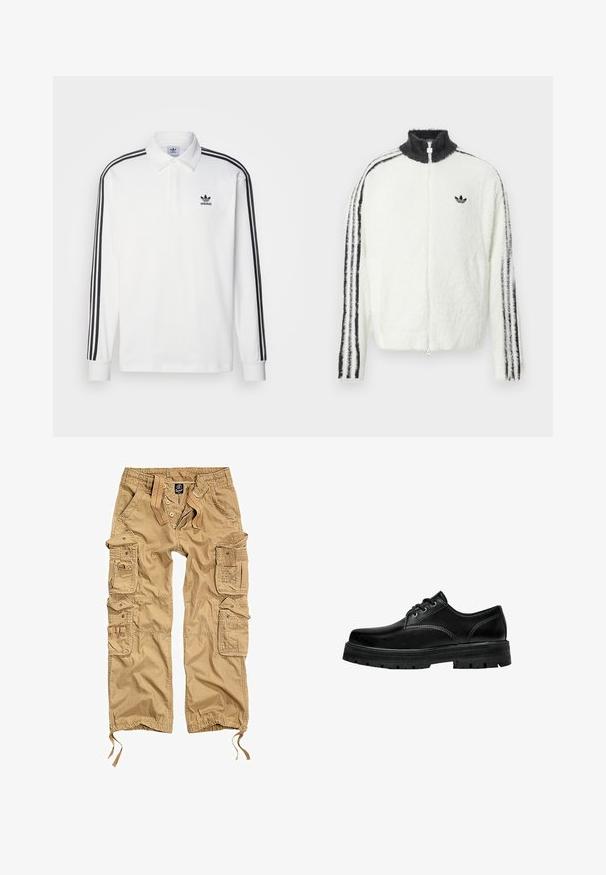 Valkoinen karvainen vetoketjuhuppari, jossa on korkea kaulus, musta Adidas-logo ja mustat raidat hihoissa. Pehmeä texture ja rento istuvuus.; Valkoinen pitkähihaisella polo-paidalla, jossa on klassinen kaulus, mustat kolme raitaa hihojen varrella ja pieni musta logo rinnassa.; Khaki cargo-housut, joissa on useita sivutaskuja, nappikiinnitys, elastinen vyötärö ja säädettävät hihnat. Valmistettu kestävästä kankaasta.; Musta nahkainen nauhakenkä, jossa on pyöreä kärki, teksturoitu pinta ja paksu kumipohja, jossa on syvät urat pitoa varten.