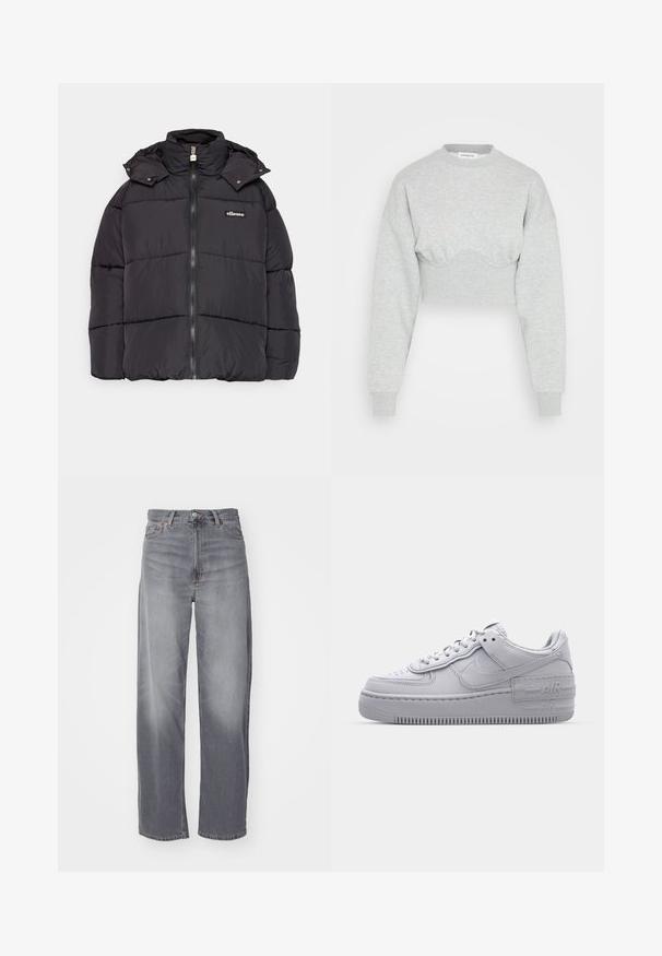 Sort puffjakke med høj krave, lynlås lukning og sømmede paneler. Har et lille logo-patch på brystet og aftagelig hætte.; Even&Odd by Zalando Sweatshirt - mottled light grey; Weekday RAIL MID LOOSE STRAIGHT - Jeans Straight Leg - misty grey; Grå Nike Air Force 1 sneakers med perforeret tå, glat læderoverdel, tyk sål og præget 'AIR' detalje på hælen.