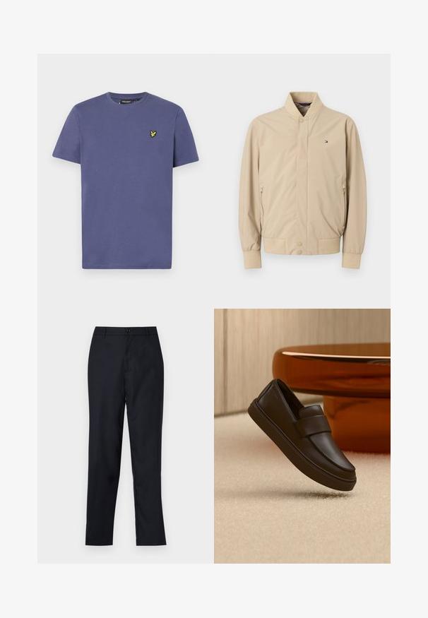 Veste aviateur beige en tissu léger. Elle présente un col montant, deux poches latérales et des poignets côtelés avec un petit logo sur la poitrine.; T-shirt en coton violet clair à manches courtes, col rond et avec un petit logo jaune brodé sur la poitrine.; Pantalon bleu marin en tissu lisse, avec un design à jambe droite, une fermeture à bouton unique et de légères plis avant.; Une chaussure mocassin en cuir marron foncé flottant au-dessus d'un tapis crème avec une table ronde orange en arrière-plan.