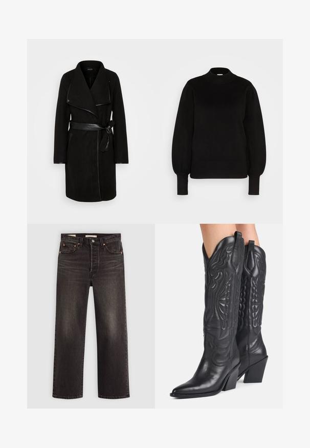 Zwarte wolmix jas met een gedrapeerde revers, leren accenten, lange mouwen en een ceintuur in de taille. Voorzien van zijzakken en een getailleerde silhouet.; Zwarte trui met lange mouwen, een hoge geribde hals, geribde manchetten en een geribde zoom, weergegeven op een witte achtergrond.; Zwarte denim jeans met een rechte pasvorm. Heeft koperen klinknagels en zakken. Gladde textuur en een licht vervaagd uiterlijk.; Zwarte leren cowboylaarzen met spitse neuzen, decoratieve stiksels en schuine blokhakken gedragen door een persoon.
