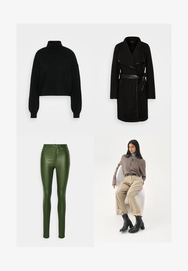 Sort uld-blanding frakke med draperet revers, læderdetaljer, lange ærmer og en bælte i taljen. Har sidelommer og en skræddersyet silhuet.; Sort cropped sweater med høj krave, ribbet tekstur og brede ærmer. Lavet af blødt strikmateriale. Simpelt design uden mønstre.; ONLY Tall ONLOPTION SUPER - Jeans Skinny Fit - black forest; Kvinde med langt sort hår, der læner sig op ad en hvid buet stol iført en taupe bluse, beige bukser, sort bælte og sorte ankelstøvler med hæl.
