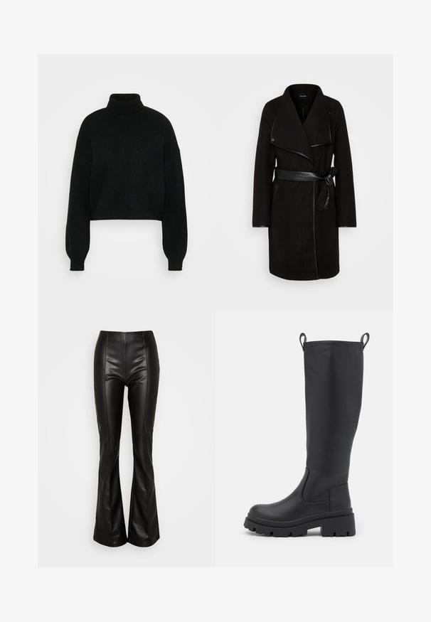 Sort uld-blanding frakke med draperet revers, læderdetaljer, lange ærmer og en bælte i taljen. Har sidelommer og en skræddersyet silhuet.; Sort cropped sweater med høj krave, ribbet tekstur og brede ærmer. Lavet af blødt strikmateriale. Simpelt design uden mønstre.; ONLY ONLIDINA FLARE PANT - Bukser - black; Sorte knæhøje støvler lavet af glat læder med en kraftig sål og let hæl. Har trækflapper og elastiske sidepaneler for nem påføring.