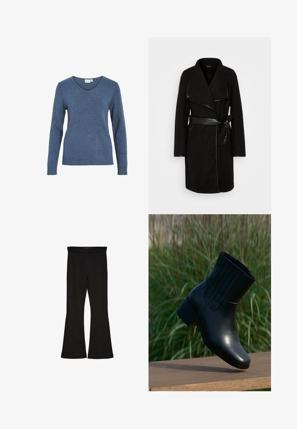 Sort uld-blanding frakke med draperet revers, læderdetaljer, lange ærmer og en bælte i taljen. Har sidelommer og en skræddersyet silhuet.; Blå v-hals sweater lavet af et blødt strikket stof. Har lange ærmer og ribkant forneden. Enkel design uden ekstra mønstre eller detaljer.; Sorte flared leggings lavet af strækbart stof. Har en bred talje og en glat tekstur, med en tætsiddende silhuet der bredder sig ved sømmen.; Sort læder ankelstøvle med rundet tå og en moderat hæl. Har lodrette syninger på siden, glat tekstur og en slank silhuet.