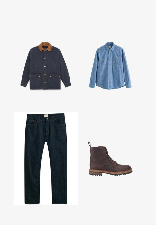 Marineblå jakke med brun læderkrave, knaplukning, to store forlommer med klapper og to lodrette sidelommer.; Langærmet blå chambray-skjorte med knaplukning foran og to brystlommer, lagt fladt på en hvid baggrund.; Mørkeblå denim jeans med lige ben, fem lomme styling og kontrastsyet på sømmene. Glat stoftekstur.; Brune læder støvler med snørebånd ved anklen, med en tekstureret overflade, kontrasterende beige såler og metaløjer. Har en trækflig for nem påtagning.