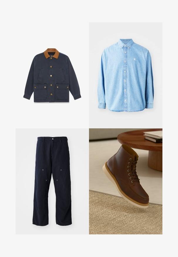 Marineblå jakke med brun læderkrave, knaplukning, to store forlommer med klapper og to lodrette sidelommer.; Lysel blå denim skjorte med knapper og lange ærmer, spids krave og et lille logo på venstre bryst. Har en afslappet pasform og klassisk design.; Marineblå brede bukser lavet af bomuld med en struktureret overflade. Har to frontlommer med knapdetaljer og en frontlukning med knap.; Brune læderankelstøvle med beige sål på et struktureret beige tæppe ved siden af et rundt træbord med stakke af bøger.