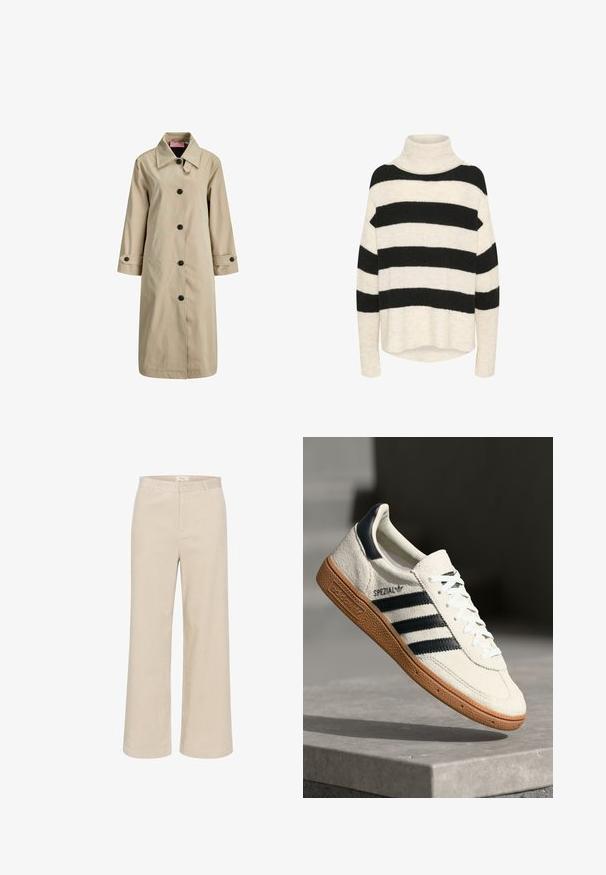 Beige langt trenchcoat med sorte knapper, bred krave og knappede manchetter, designet til kvinder.; Sort og creme stribet turtleneck sweater, lavet af et blødt strikmateriale, med en afslappet pasform og ribbet kant med et let høj-lav design.; Beige buks med brede ben i velour, der har en subtil ribbet tekstur, bæltestropper, frontlynlås og to sidelommer.; Hvide ruskinds sneakers med marineblå striber, gummisål, struktureret overdel, rund tå og snøring; har branding på siden og tungen.