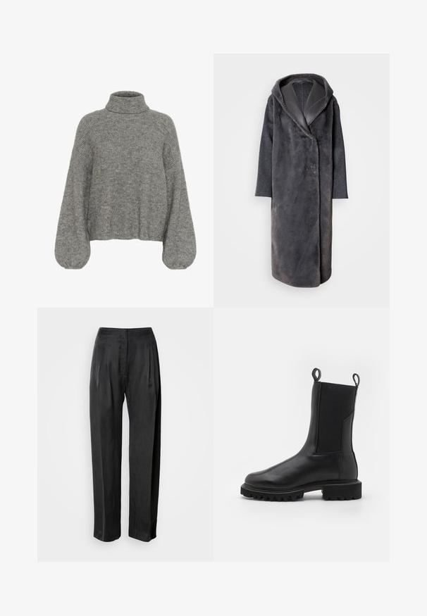 Abrigo largo de color gris oscuro con textura de peluche sintético, que cuenta con capucha y un cuello liso y contrastante. Cierre de un solo botón y mangas entalladas.; Suéter gris de punto acanalado con cuello alto, hombros caídos y mangas voluminosas. Textura suave y longitud corta.; Pantalones negros de pernera ancha hechos de tela suave, con pliegues frontales, cremallera y diseño clásico de cinturilla.; AllSaints HALLIE - Botines con plataforma - black