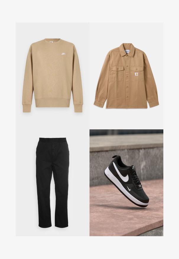 Ruskea, napitettava puuvillapaita, jossa on leveä kaulus, kaksi etutaskua ja vasemmassa rinnassa oleva logotarra.; Vaaleanruskea Nike-huppari, jossa on pyöreä kaula-aukko, pitkät hihat ja valkoinen logo rinnassa. Kangas vaikuttaa pehmeältä ja sileältä.; Mustat puuvillaiset housut, joissa on joustava vyötärönauha, suorat lahkeet ja sivutaskut. Sileä pinta ilman kuvioita tai korostuksia.; Musta-valkoinen Nike Air Force 1 -lenkkikenkä roikkuu vaaleanpunaisen betonipinnan yläpuolella harmaan kiviseinän edessä.