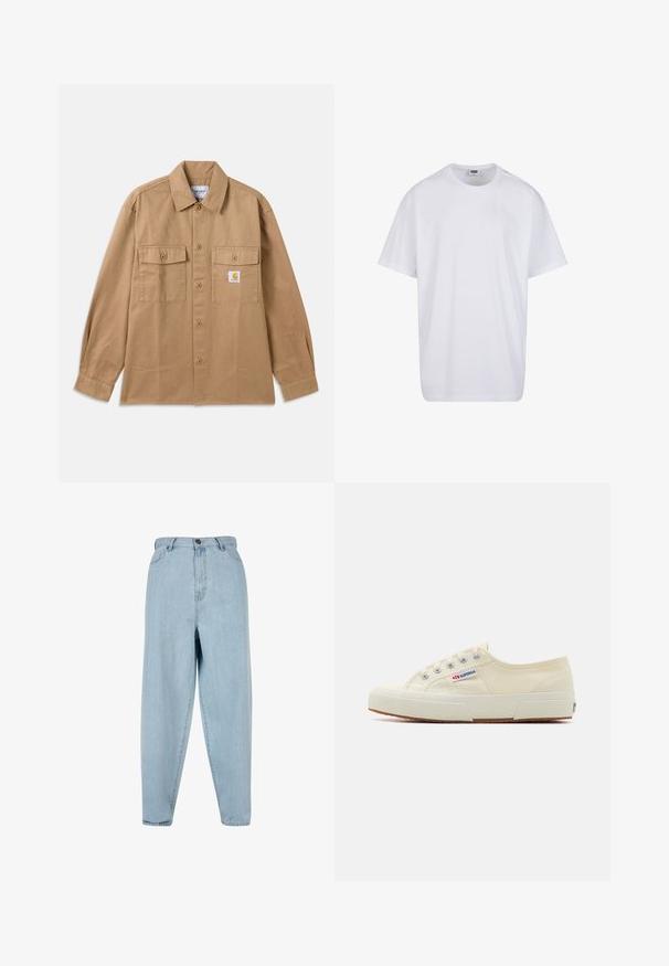 Chemise marron en coton avec boutons, col classique, deux poches avant et un écusson logo sur la poitrine gauche.; T-shirt blanc uni en coton à manches courtes avec col rond et étiquette de taille et de marque visible à l'intérieur du col.; Jean taille haute bleu clair avec une coupe décontractée. Comprend un bouton sur le devant, une fermeture éclair et un design à cinq poches. Texture du tissu légèrement délavée.; Baskets en toile beige au design épuré, œillets en métal et semelle en caoutchouc. Présente un motif texturé et un détail de logo sur le côté.