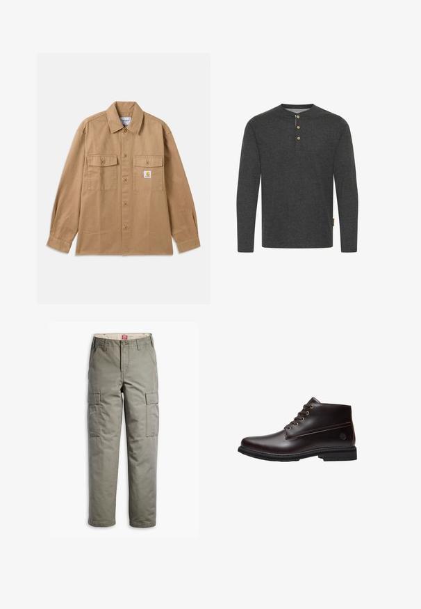 Braunes Baumwollhemd mit durchgehender Knopfleiste, mit einem spitz zulaufenden Kragen, zwei Vordertaschen und einem Logopatch auf der linken Brust.; Dunkelgraues Langarmshirt aus weichem Material, mit einem Henley-Ausschnitt und drei Holzknöpfen sowie einem Seitenschild.; Cargo-Hosen in Olivgrün, aus strapazierfähigem Baumwollmix, mit seitlichen Taschen, einem geraden Bein-Design und Knopfverschluss.; Dunkelbrauner Leder-Schnürstiefel mit schwarzer Sohle und dezentem Markenlogo an der Seite, im Profil vor weißem Hintergrund gezeigt.