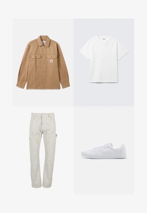 Bruine katoenen overhemd met knopen, voorzien van een spreidkraag, twee borstzakken en een logopatch op de linkerborst.; Witte T-shirt met korte mouwen en ronde hals, plat gelegd, effen ontwerp, met een "WEEKDAY" label in de kraag op een lichte achtergrond.; Lichtbeige cargobroek gemaakt van duurzaam katoen. Voorzien van meerdere zakken, drukknoopsluitingen en een rechte pijp.; Witte canvas sneakers met een rubberen zool, voorzien van zes oogjes, een gestructureerde neuskap en een minimalistisch ontwerp.