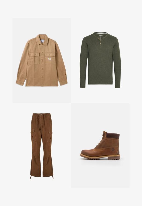 Braunes Baumwollhemd mit durchgehender Knopfleiste, mit einem spitz zulaufenden Kragen, zwei Vordertaschen und einem Logopatch auf der linken Brust.; Solid SDVOLKO - Langarmshirt - olive; Braune Cargohosen mit elastischem Bund, Kordelzug-Details, zwei Seitentaschen und weiteren Beinen mit verstellbaren Säumen.; Braune Lederwanderschuhe mit glatter Oberfläche, gepolstertem Knöchel, Metallösen und einer Gummisohle mit robustem Profil.