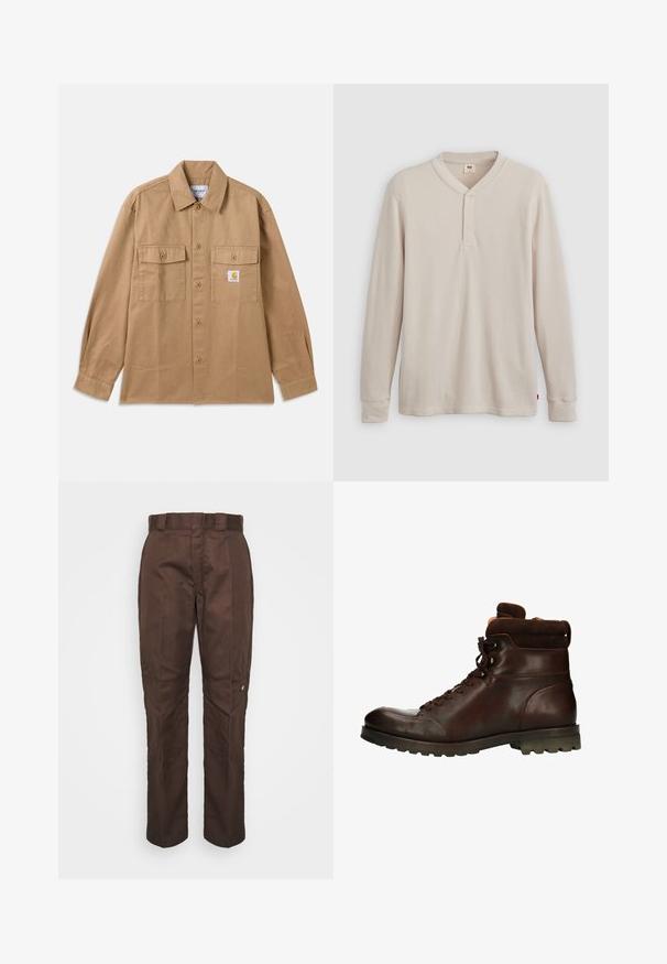 Chemise marron en coton avec boutons, col classique, deux poches avant et un écusson logo sur la poitrine gauche.; T-shirt henley à manches longues en tissu côtelé beige clair, avec un col en V, une patte de boutonnage à trois boutons et des manches à poignets. Étiquette logo rouge à l'ourlet.; Pantalon marron à jambe droite avec une texture lisse. Présente des passants de ceinture, des coutures latérales et un petit logo de marque sur la jambe gauche.; Manfield MIT HOHEM SCHAFT - Bottines à lacets - brown