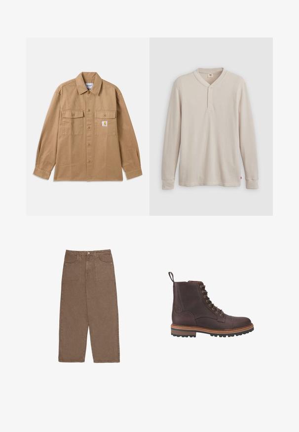Brun skjorte med knapper lavet af bomuld, med spredt krave, to forlommer og et logo-patch på venstre bryst.; Langærmet henley-skjorte i lys beige ribbet stof, med V-hals, tre-knap placket og manchetter ved ærmerne. Rød logo-tags ved kanten.; Brune brede benbukser lavet af bomuld, med to forlommer og knaplukning. Stoffet har en blød tekstur og matt finish.; Brune læder støvler med snørebånd ved anklen, med en tekstureret overflade, kontrasterende beige såler og metaløjer. Har en trækflig for nem påtagning.