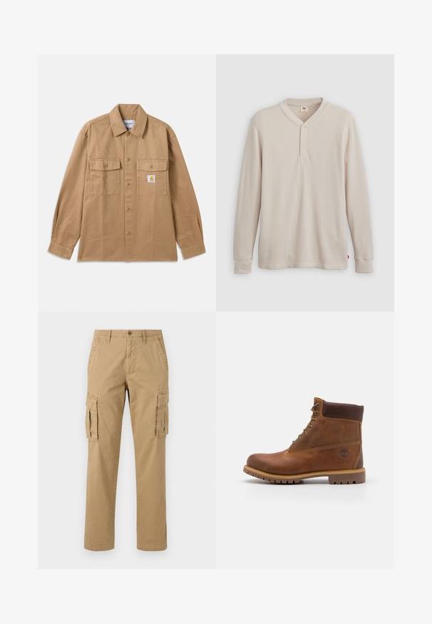 Chemise marron en coton avec boutons, col classique, deux poches avant et un écusson logo sur la poitrine gauche.; T-shirt henley à manches longues en tissu côtelé beige clair, avec un col en V, une patte de boutonnage à trois boutons et des manches à poignets. Étiquette logo rouge à l'ourlet.; Pantalons cargo beiges avec deux poches latérales, une fermeture par bouton, un design droit et un tissu doux et texturé.; Botte de randonnée en cuir marron avec une finition lisse, cheville rembourrée, œillets en métal et semelle en caoutchouc dotée d'un motif de crampons robuste.