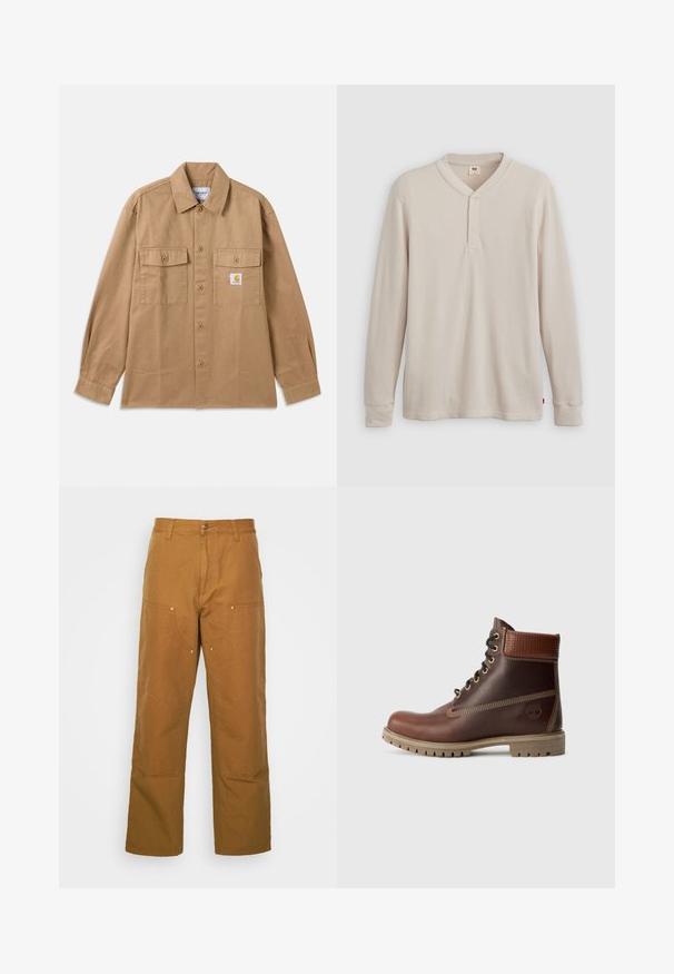 Brun skjorte med knapper lavet af bomuld, med spredt krave, to forlommer og et logo-patch på venstre bryst.; Langærmet henley-skjorte i lys beige ribbet stof, med V-hals, tre-knap placket og manchetter ved ærmerne. Rød logo-tags ved kanten.; Brune bomuldsarbejdsbukser med lige ben-design, der har frontlommer og metalhardware detaljer for ekstra holdbarhed.; Brun læder snørebånd ankelstøvle med polstret krave, kontrastsyning og robust sål, vist fra ydersiden på en hvid baggrund.