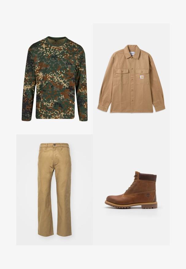 Braunes Baumwollhemd mit durchgehender Knopfleiste, mit einem spitz zulaufenden Kragen, zwei Vordertaschen und einem Logopatch auf der linken Brust.; Langärmliges Camouflage-T-Shirt in Grün, Braun und Beige mit einem runden Ausschnitt. Es verfügt über ein gemischtes Muster aus unregelmäßigen Flecken und Texturen.; Khakihosen aus Baumwolle. Gerader Schnitt mit einem Bund und Fronttaschen. Verfügt über eine einzelne Gesäßtasche und subtile Nähdetails.; Braune Lederwanderschuhe mit glatter Oberfläche, gepolstertem Knöchel, Metallösen und einer Gummisohle mit robustem Profil.