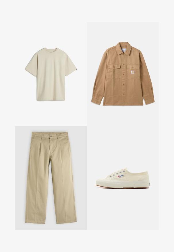 Camisa marrón de algodón con botones, que presenta un cuello extendido, dos bolsillos frontales y un parche con logo en el pecho izquierdo.; Camiseta de algodón beige con mangas cortas, escote redondo y un pequeño logo blanco en el pecho. Textura suave y un corte relajado.; Pantalones beige de pierna recta con pliegues frontales, trabillas para cinturón, bolsillos laterales y cierre de botón en la cintura.; Zapatillas de lona beige con un diseño de perfil bajo, ojales de metal y suela de goma. Presenta un patrón texturizado y detalle del logo en el lateral.