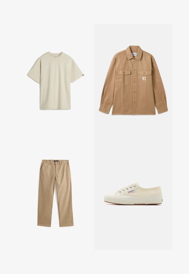 Camisa marrón de algodón con botones, que presenta un cuello extendido, dos bolsillos frontales y un parche con logo en el pecho izquierdo.; Camiseta de algodón beige con mangas cortas, escote redondo y un pequeño logo blanco en el pecho. Textura suave y un corte relajado.; Pantalones beige de pierna recta con cierre de botón y cremallera, trabillas para cinturón y bolsillos laterales, colocados planos sobre un fondo blanco.; Zapatillas de lona beige con un diseño de perfil bajo, ojales de metal y suela de goma. Presenta un patrón texturizado y detalle del logo en el lateral.