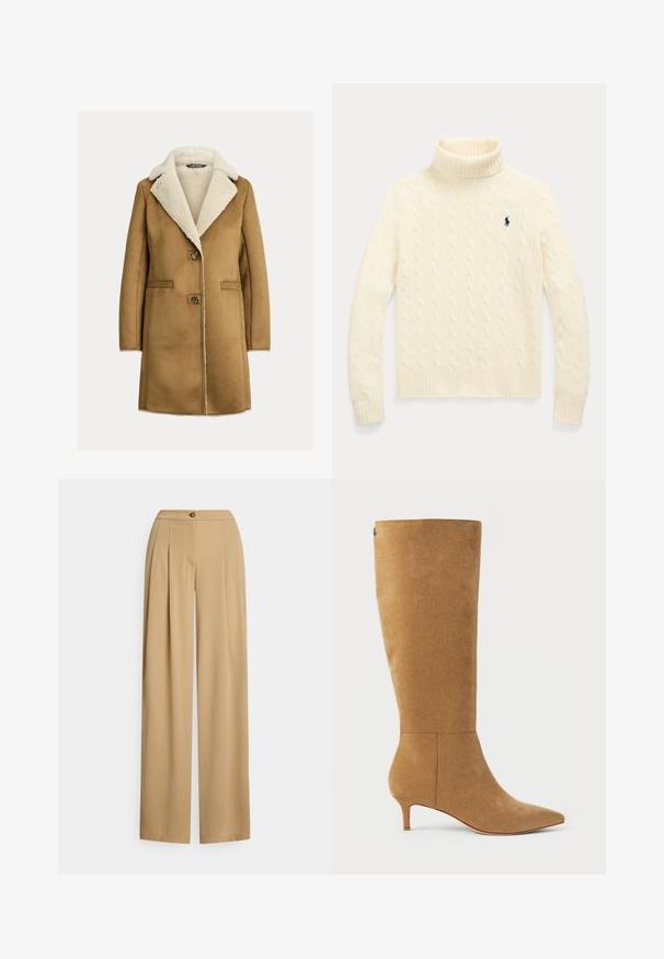 Manteau en mélange de laine marron avec un col en shearling crème moelleux, deux poches avant et deux boutons sur le devant.; Pull col roulé crème en maille torsadée avec manches longues et petit logo bleu marine brodé sur la poitrine gauche.; Pantalon beige à jambes larges en tissu lisse. Dispose d'une fermeture à bouton, de plis à l'avant et d'une coupe décontractée avec une silhouette droite.; Lauren Ralph Lauren MCKAY SUEDE TALL BOOT HEEL - Bottes - camel
