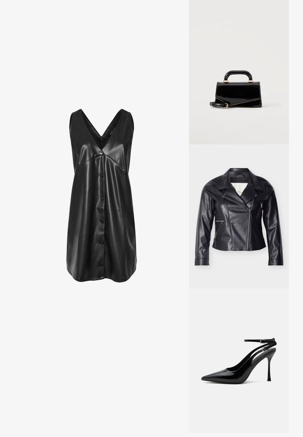 Chaqueta de motociclista de cuero sintético negro con cierre de cremallera descentrado, cuello ancho, botones de presión y bolsillos laterales con cremallera.; Vestido negro sin mangas de cuero sintético con escote en V, botonadura en la parte frontal y dobladillo ligeramente acampanado.; Zapato destalonado de piel de charol negra con tacón alto, punta puntiaguda y doble tirante en el tobillo con hebillas plateadas.; Bolso rectangular negro brillante con asa superior, herrajes dorados y correa desmontable, colocado sobre un fondo claro y sencillo.