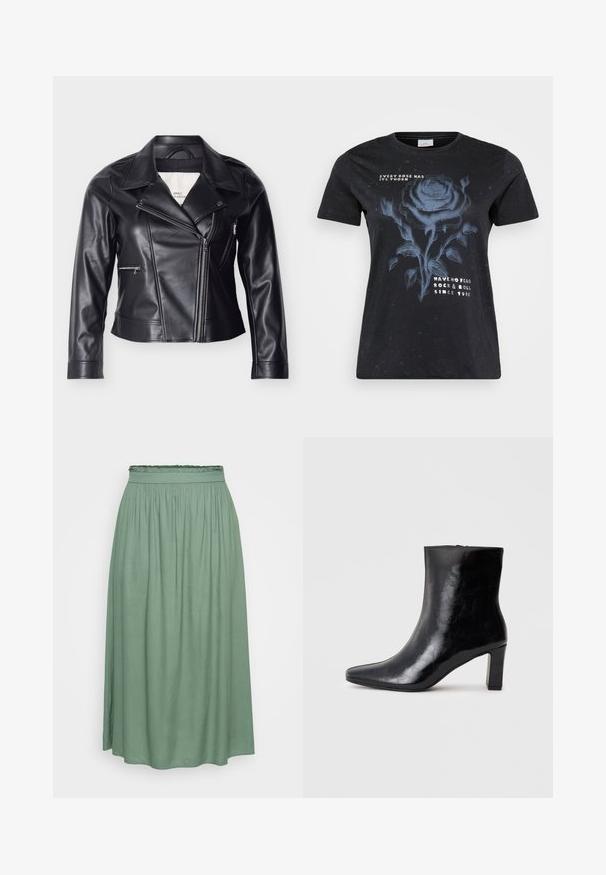Sort motorcykeljakke i imiteret læder med en skæv lynlås, bred krave, trykknapper og sidelommer med lynlås.; ONLY Carmakoma CARMIKO WASHED SS REG TEE JRS - T-shirts print - black; Grøn midi-nederdel med en samlet elastisk talje, glat tekstur og flodende design, der har en let A-form og ingen mønstre.; Sorte ankelstøvler lavet af blank læder, med spidse tæer og en mellemstor blokhæl, med en glat tekstur og et enkelt design.