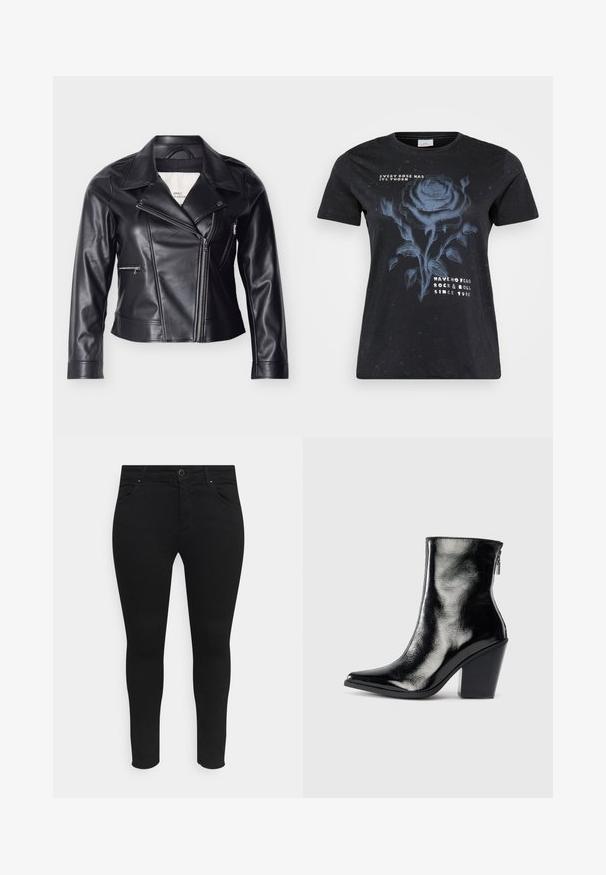 Chaqueta de motociclista de cuero sintético negro con cierre de cremallera descentrado, cuello ancho, botones de presión y bolsillos laterales con cremallera.; ONLY Carmakoma CARMIKO WASHED SS REG TEE JRS - Camiseta estampada - black; Vaqueros skinny negros hechos de una tela elástica, con bolsillos delanteros, cierre de botón y un diseño elegante sin patrones ni adornos visibles.; Botín de piel negra hasta el tobillo con un acabado brillante, puntera puntiaguda y tacón cuadrado. Presenta una cremallera lateral para fácil calzado.