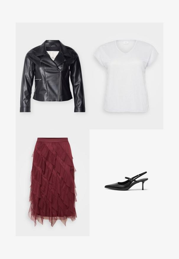 Veste moto en similicuir noir avec une fermeture éclair décalée, un col large, des boutons-pression et des poches latérales zippées.; T-shirt blanc à manches courtes et en V avec une texture scintillante subtile, offrant une coupe décontractée et sans motifs ni accents visibles.; Jupe en tulle bordeaux à niveaux, avec une taille ajustée, présentant des couches froncées qui créent un aspect texturé et une fluidité.; Talons aiguilles noires en cuir avec un bout pointu, une fine bride réglable, et un talon aiguille d'environ 5 cm, texture lisse.