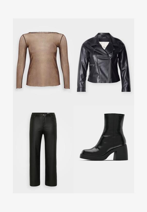 Chaqueta de motociclista de cuero sintético negro con cierre de cremallera descentrado, cuello ancho, botones de presión y bolsillos laterales con cremallera.; Camiseta de manga larga en tejido transparente con un diseño de estampado de leopardo, que presenta un escote en forma de barco y una silueta ajustada. Los colores marrón y beige dominan.; Pantalones negros de corte relajado, hechos de una tela suave y elástica. Cuentan con un diseño tradicional de cinco bolsillos, con cierre de cremallera y botón.; Botas de tobillo negras con un acabado brillante, punta cuadrada y un tacón grueso en bloque. El diseño presenta una silueta sin costuras y un minimalismo en la marca.