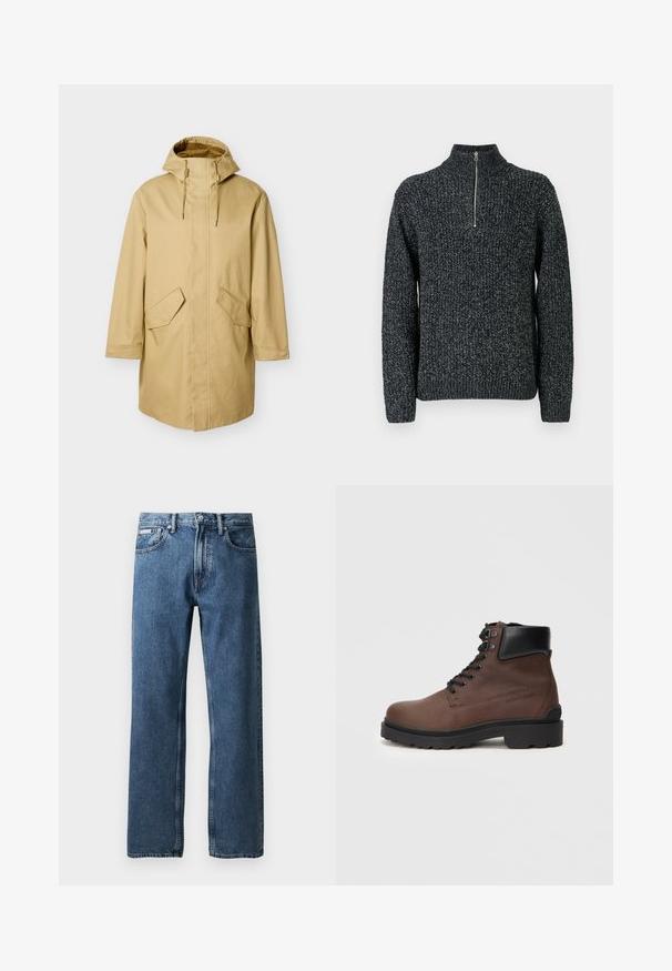 Beež kapuutsiga vihmakeep sirge lõikega, millel on kaks suurt eesmist taskut ja sile tekstuur. Kapuutsi lähedal reguleeritavad paelad.; Tumehall knit-sweater kõrge kaelusega ja neljanda näpuga. Omab tekstuuriga lõnga, millel on kerge helesinine välimus.; Sinine sirge lõikega teksapüksid kõrge taljega, nuppe ja tõmblukkuga, ees taskud ning väike valge brändi silt paremal taskul.; Pruuni nahkne pahkluu saabas, millel on tekstuuriga pind, mustad aktsendid, ümar nina ja robustne tald, kuue paelaauguga.