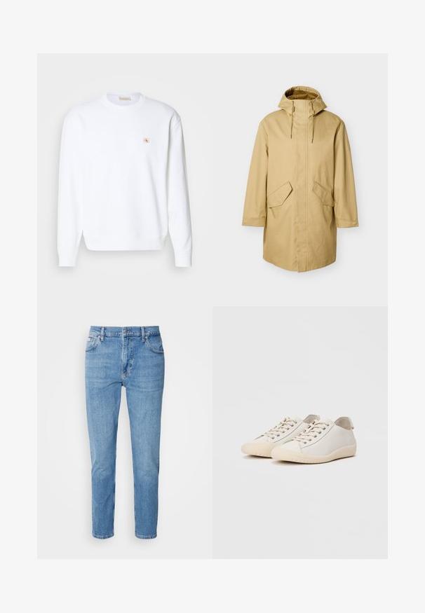 Beige hooded regenjas met een rechte snit, voorzien van twee grote voorzakken en een gladde textuur. Verstelbare trekkoorden bij de capuchon.; Witte sweatshirt met lange mouwen, ronde hals en geribde manchetten. Heeft een klein logo in rood en beige op de linkerkant van de borst. Smooth textuur.; Lichtblauwe denim jeans met een rechte pasvorm, vijf zakken en subtiele vervaging. Voorzien van een knoopsluiting en riemlussen.; Witte sneakers van glad leer met ton-sur-ton stiksels, vetersluiting, ronde neus en een gestructureerde rubberen zool.