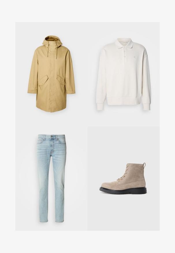 Imperméable beige à capuche avec une coupe droite, doté de deux grandes poches avant et d'une texture lisse. Cordon de serrage ajustable près de la capuche.; Polo shirt à manches longues blanc cassé avec une texture côtelée, trois boutons au col et un logo discret sur la poitrine gauche.; Jeans en denim bleu clair, avec une coupe droite, taille mi-haute et un léger délavage. Comprend cinq poches et un bouton en métal.; Bottines en daim beige avec semelle en caoutchouc noir, design à lacets, et un petit logo embossé sur le côté, avec une languette à l'arrière.