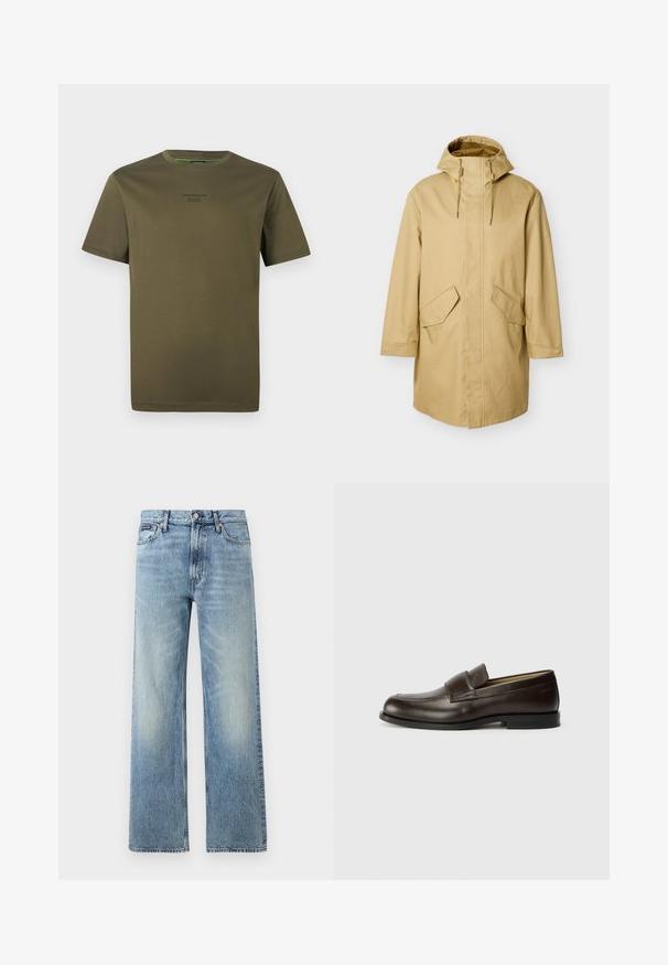 Imperméable beige à capuche avec une coupe droite, doté de deux grandes poches avant et d'une texture lisse. Cordon de serrage ajustable près de la capuche.; T-shirt à manches courtes olive avec col rond et petit logo embossé "Porsche BOSS" centré sur la poitrine.; Jean droit en denim bleu clair avec taille haute, cinq poches, fermeture à boutons et léger délavage sur les cuisses et les genoux.; Calvin Klein Chaussons - cocoa brown