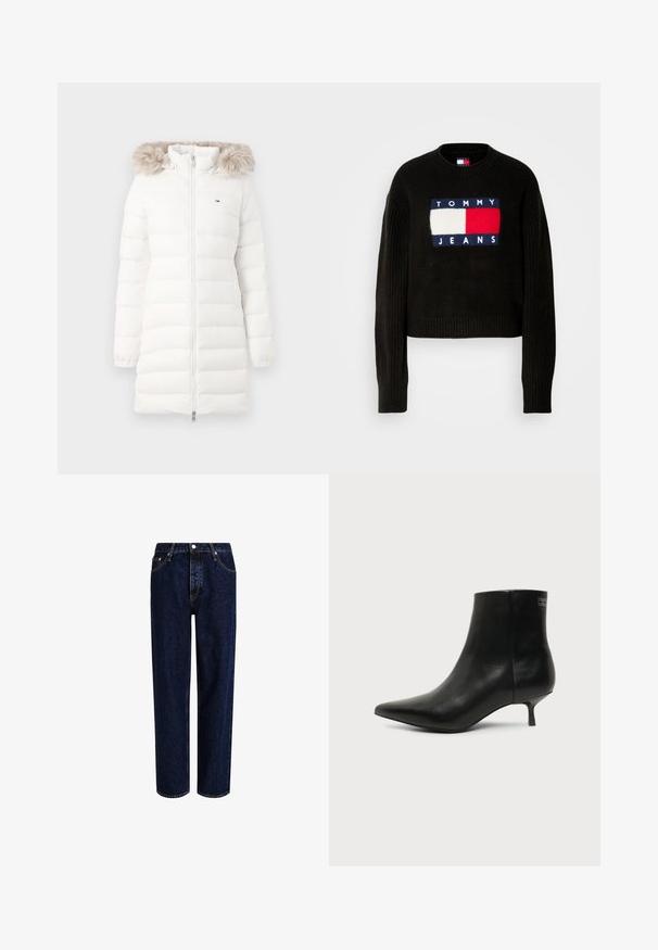 Weißer gesteppter langer Wintermantel mit Frontreißverschluss und beige Kunstpelzbesetzter Kapuze, mit kleinem Logo auf der Brust.; Schwarzer, verkürzter Pullover mit gerippten Ärmeln, der auf der Vorderseite ein gestricktes Logo-Patch in Rot, Weiß und Blau mit der Aufschrift "TOMMY JEANS" zeigt.; Dunkelblaue Denim-Jeans mit geradem Bein, hoher Taille, fünf Taschen und kontrastierenden Nähten. Ohne Verzierungen.; Schwarzer Leder-Knöchel-Stiefel mit spitzer Spitze und niedrigem Kittenabsatz vor hellem Hintergrund, seitliche Ansicht.