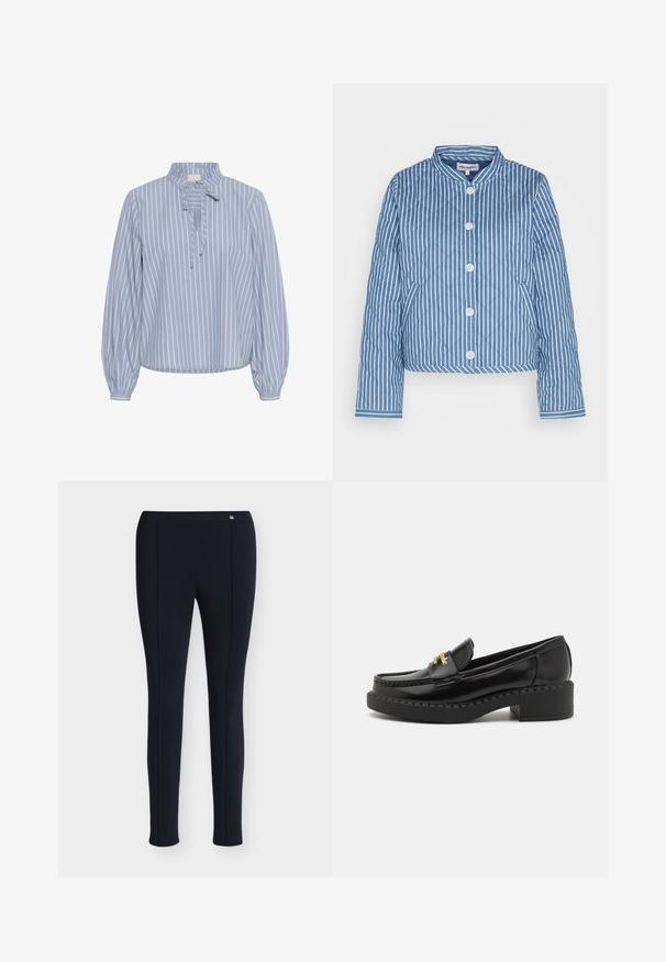 Gequilte blauw-witte gestreepte jacket met een ronde kraag, een vijfknopsluiting aan de voorkant en mouwen met een contrasterend patroon.; Kaffe KAMILINA - Blouse - windward blue melange stripe; Zwarte slim-fit broek met voornaaddetails en een klein metalen logo op de tailleband, weergegeven tegen een witte achtergrond.; Zwarte gepatineerde leren loafer met gouden hardware accenten, gestikte details en een chunky hak. Gladde textuur en elegante uitstraling.