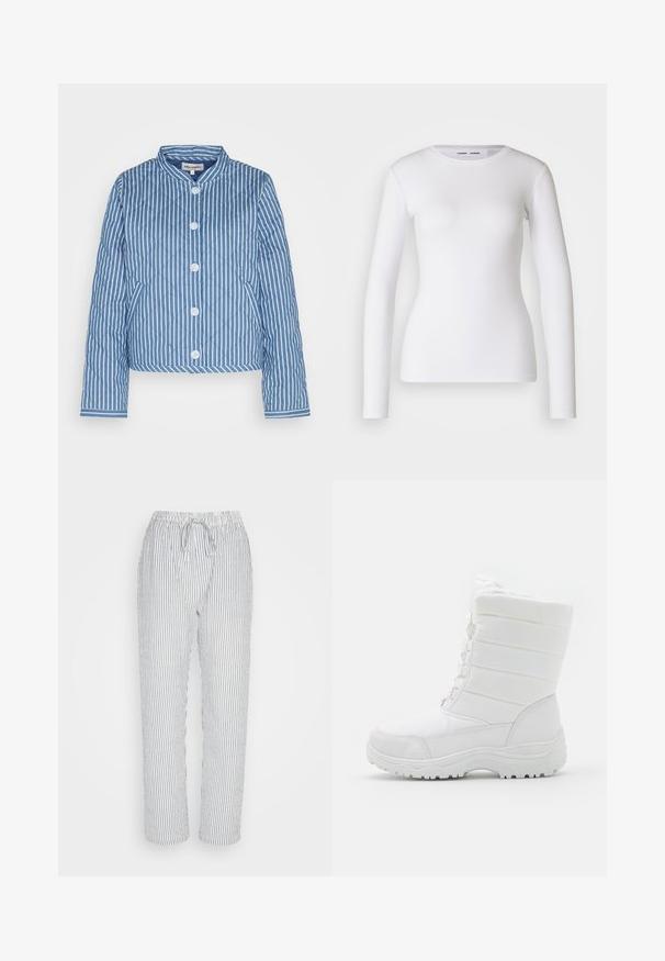 Veste matelassée bleu et blanc rayée avec un col rond, fermeture avant à cinq boutons et poignets présentant un motif contrastant.; Chemise blanche à manches longues en tissu côtelé, avec un col rond et une coupe cintrée. Aucun motif ni accent présent.; Pantalons de pyjama légers en coton avec une taille élastique et un cordon de serrage. Présentent des rayures verticales bleues et blanches et des poches latérales.; Bottes d'hiver blanches imperméables avec un dessus rembourré, un design texturé, des lacets réglables et une semelle en caoutchouc robuste pour une meilleure traction.