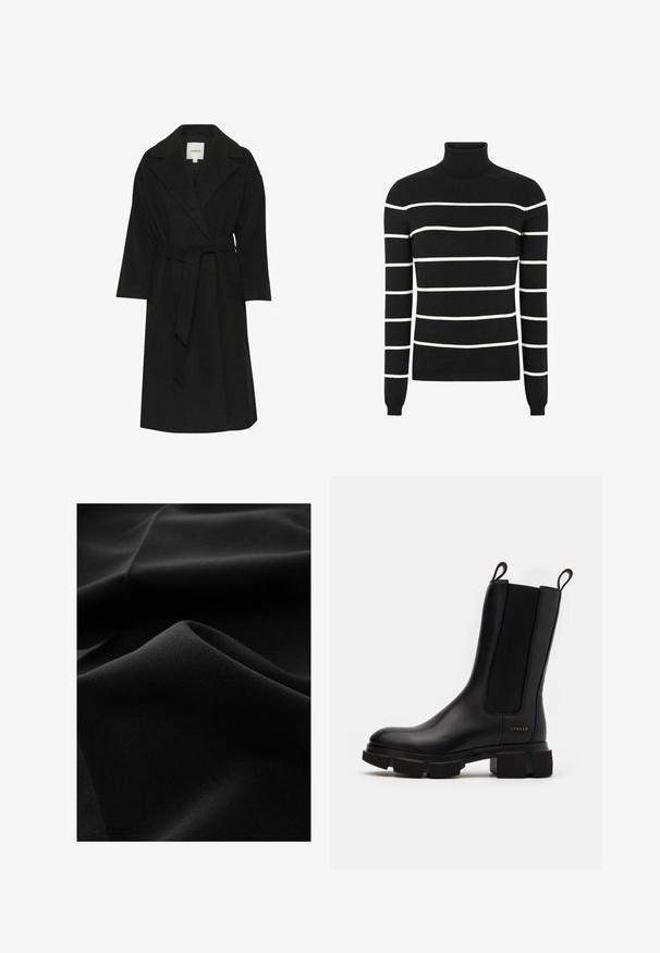 Must must coat pehmest kangast, omades lõikega kraed, vööga taljes, 3/4 pikkuses varrukate ja minimaalsete detailidega.; Soft Rebels MARLA ROLLNECK STRIPE - Džemper - black; Must aastal on sileda tekstuuriga must kangas, millel on pehmed voldid ja õrn sära; ühtlane pinnakate ilma nähtavate mustrite või aktsentideta.; Must musta külge tõmmatav must nahast pahkluu saabas, millel on elastsed külgpaneelid, koonuseline kummitald ja tõmbetapp. Omab külgedel peent brändimist, mis on sisse surutud.