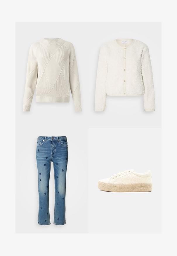 Cardigan blanc en texture duveteuse avec des manches longues, un col rond et une fermeture à boutons à l'avant. Accentué par une bordure beige clair.; Pull en tricot crème avec un motif en losanges texturé, col rond, poignets et ourlet côtelés. Matière douce et coupe décontractée.; Jean en denim bleu clair avec une coupe droite, ornés de broderies florales navy et d'effets de délavage près des poches et de l'ourlet.; Baskets blanches basses en tissu à fleurs avec semelle plateforme en jute tressé, fermeture à lacets, vue latérale sur fond pâle.