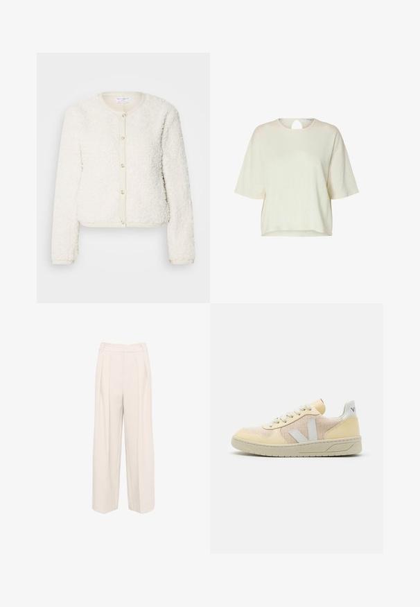 Hvid, fluffy tekstureret cardigan med lange ærmer, rund halsudskæring og knaplukning foran. Accentueret med en lys beige kant.; Kremfarvet kortærmet striktop med rund halsudskæring og lille nøglehul bagpå.; Vide benbukser i en lys beige farve. Fremstillet af et blødt, struktureret stof med dobbelt plisseringer og en høj talje design.; Gule og beige sneakers med en mesh-overdel, hvide V-logo aksenter, rund tå, flad sål og lyse snørebånd. Simpelt design, minimal detaljering.