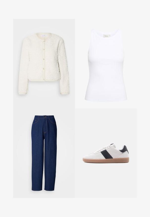 Hvid, fluffy tekstureret cardigan med lange ærmer, rund halsudskæring og knaplukning foran. Accentueret med en lys beige kant.; Hvid ribbet tanktop med rund halsudskæring og uden ærmer. Strækbart stof og tætsiddende design. Etiketten bagpå viser "GESTUZ."; Mørkeblå denim bukser med vide ben og høj talje, prydet med orange syninger, forlommer og knaplukning. Glat tekstur med diskrete prikker.; Hvid ruskindssneaker med lysebrun gummisål og sort læderstribe og hælfane, vist fra siden på en hvid baggrund.