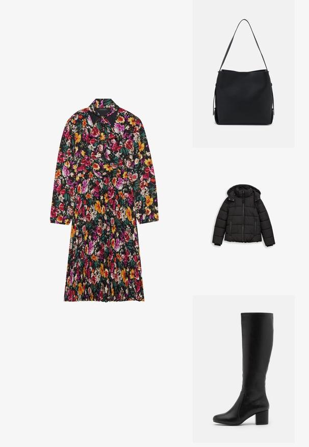 Sort puffet jakke med hætte, med horisontale quiltedetaljer, lynlås foran og elastiske manchetter. Fremstillet af letvægts, vandafvisende materiale.; Blomstret kjole med sort baggrund og farverige blomster i pink, gul og hvid, lange ærmer og et bindebånd design ved kraven.; Knæ-høje sorte læderstøvler med en glat overflade, afrundet tå, sideskift og en kraftig blokhæl.; Pieces PCBONY - Håndtasker - black