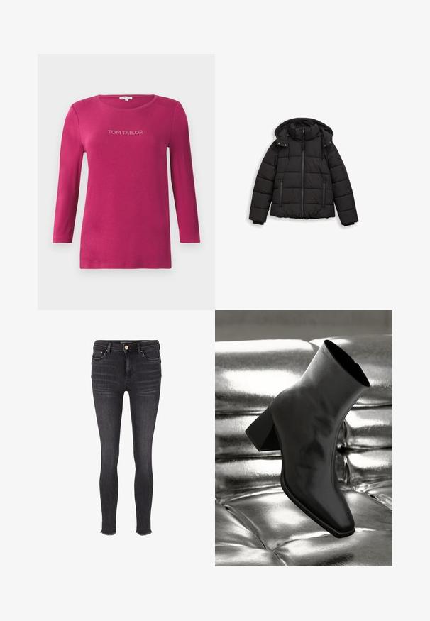 Zwarte gewatteerde jas met capuchon, voorzien van horizontale stiksels, een rits aan de voorkant en elastische manchetten. Gemaakt van lichtgewicht, waterafstotend materiaal.; Fuchsia langemouw hemd met een ronde halslijn en de tekst "TOM TAILOR" in rhinestones over de borst. Zachte katoenen stof.; Zwarte skinny jeans met een hoge taille, gemaakt van rekbare denim, met subtiele vervaging en rauwe randen. Klassiek vijf-pocket ontwerp.; Zwarte enkellaarsjes van glanzend materiaal met een vierkante neus en taps toelopende hak, afgezet tegen een glanzende zilveren gecapitonneerde achtergrond.