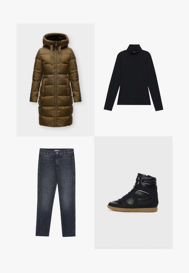 Lang olivengrøn quiltet dunjakke med hætte, frontlynlås og to sidelommer.; Sort turtleneck med lange ærmer. Blødt stof, tætsiddende design, høj krave og sidesøm. Simpel og alsidig stil, der er velegnet til lag-på-lag.; Mørkegrå denim jeans med lige benpasform. Har to baglommer, knaplukning og bæltestropper. Subtil falmningstekstur.; Sorte høj-tops sneakers med læder- og ruskindspaneler, perforerede detaljer, gummisål og guldaccentuer på øjet.