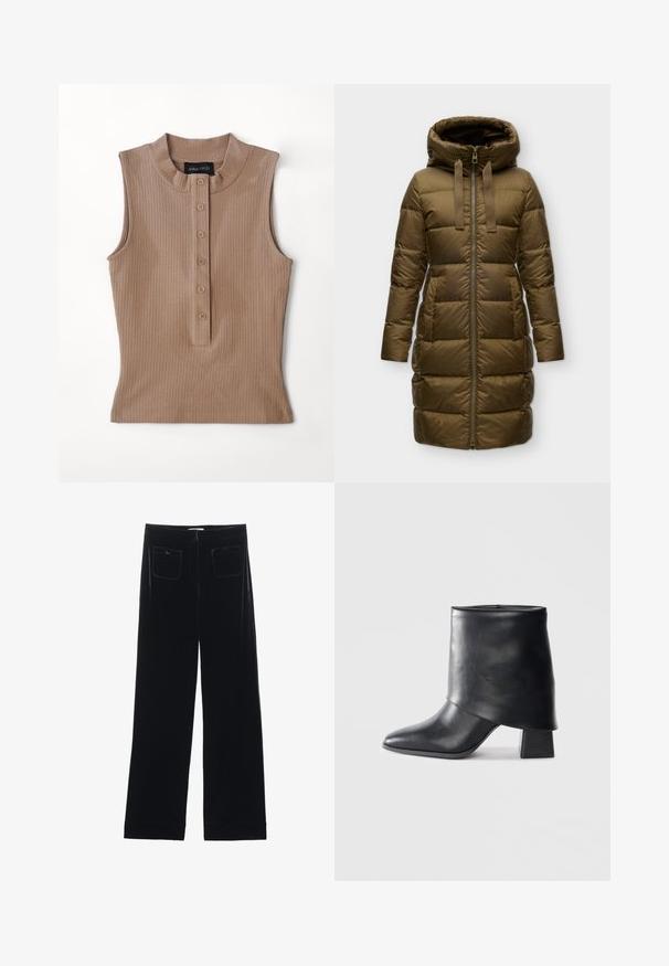 Long manteau matelassé vert olive avec capuche, fermeture éclair à l'avant et deux poches latérales.; Top sans manches beige en tissu côtelé. Doté d'un col haut et d'une patte de boutonnage avec cinq boutons marron. Texture lisse.; Pantalons larges en velours noir avec deux poches arrière et une texture lisse, présentant une coupe droite et une finition ourlée aux chevilles.; Bottine en cuir noir à bout pointu, texture lisse et talon bloc structuré. Elle se distingue par un design de revers haut et plié.
