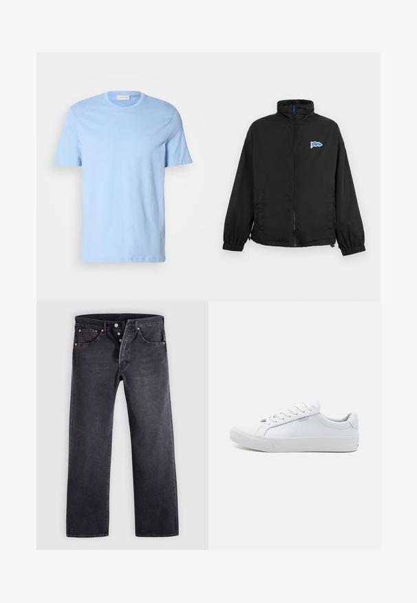 Veste noire zippée avec poignets élastiques, col montant, poches latérales et petit logo "HUGO" bleu et blanc sur la poitrine gauche.; T-shirt en coton bleu clair avec un col rond, des manches courtes et un petit logo brodé sur la poitrine gauche. Texture lisse, coupe décontractée.; Jean en denim noir avec une coupe droite, design à cinq poches, et boutons en cuivre. Texture lisse avec une légère finition délavée.; Baskets blanches en cuir avec une finition lisse, design bas, bout rond et semelle plate en caoutchouc. Dotées de lacets plats et d'une signalétique minimale.